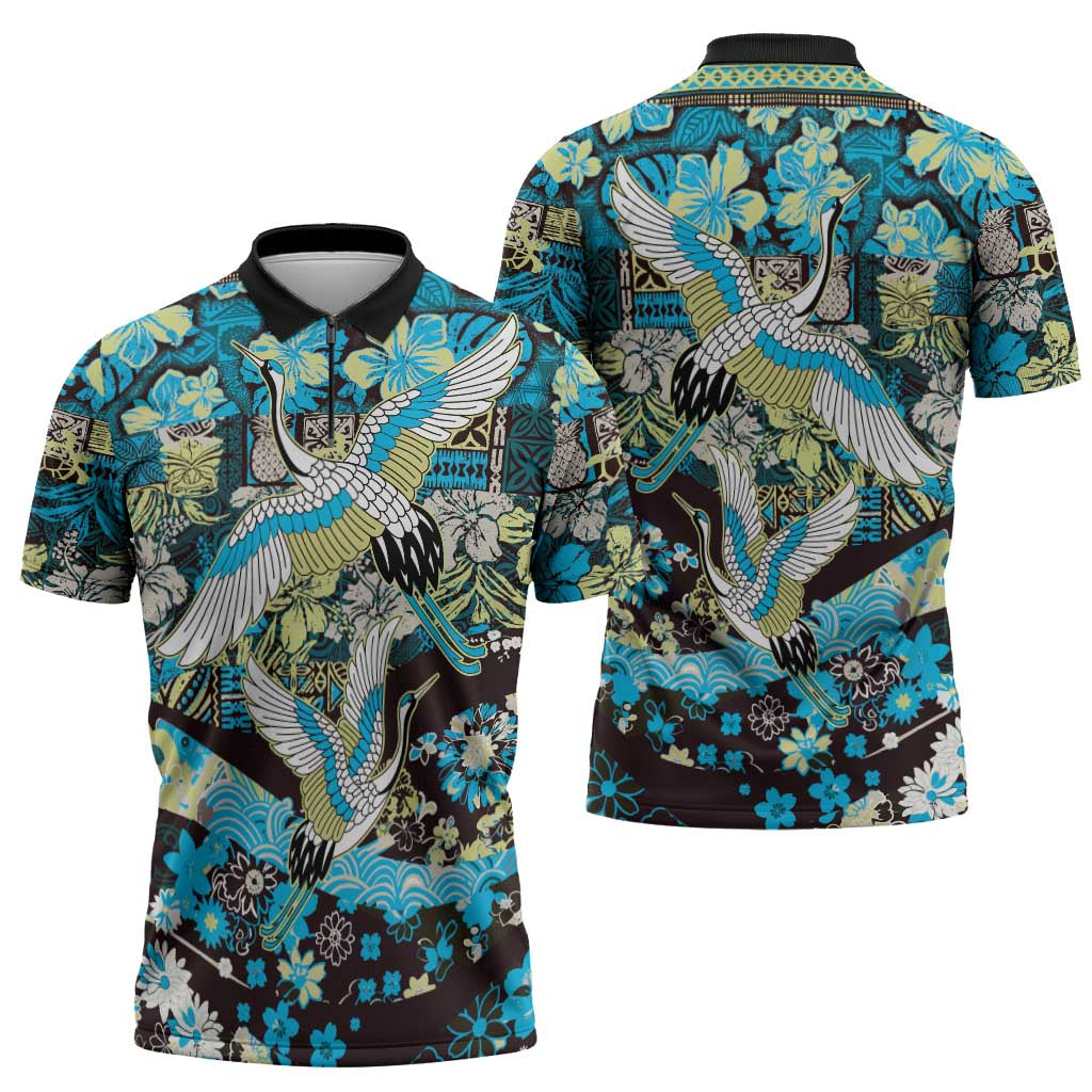 Japanese Hawaiian Crane Zipper Polo Shirt Blue Tapa Patchwork Pattern