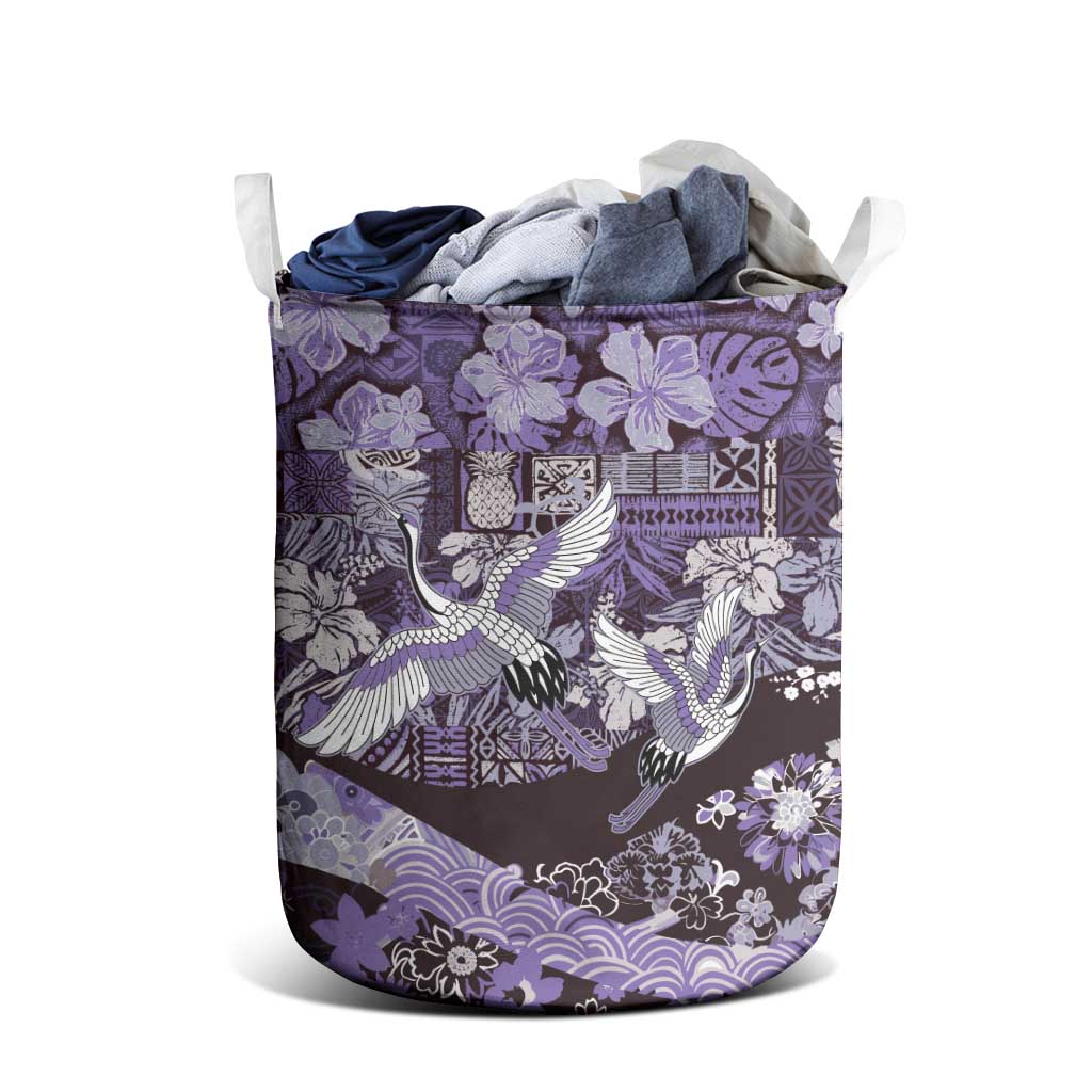 Japanese Hawaiian Crane Laundry Basket Purple Tapa Patchwork Pattern