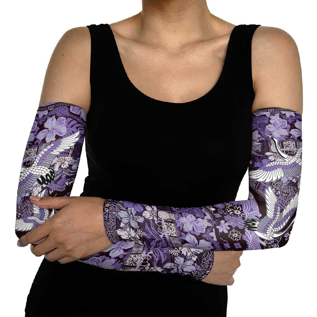 Japanese Hawaiian Crane Arm Sleeves Purple Tapa Patchwork Pattern