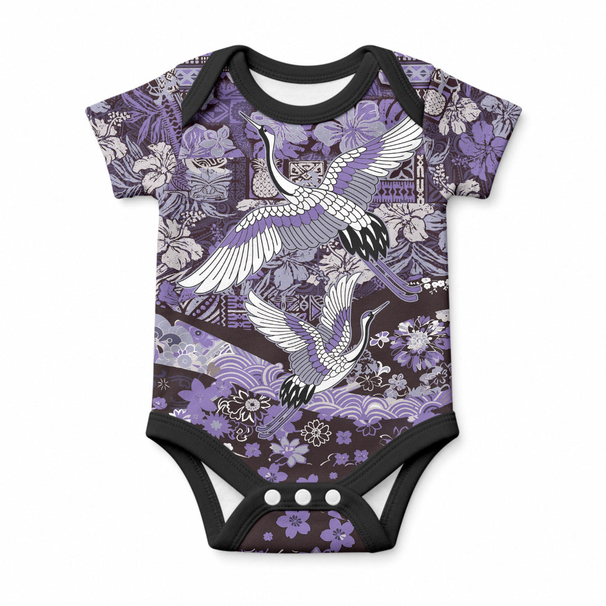 Japanese Hawaiian Crane Baby Onesie Purple Tapa Patchwork Pattern LT9 Blue - Polynesian Pride