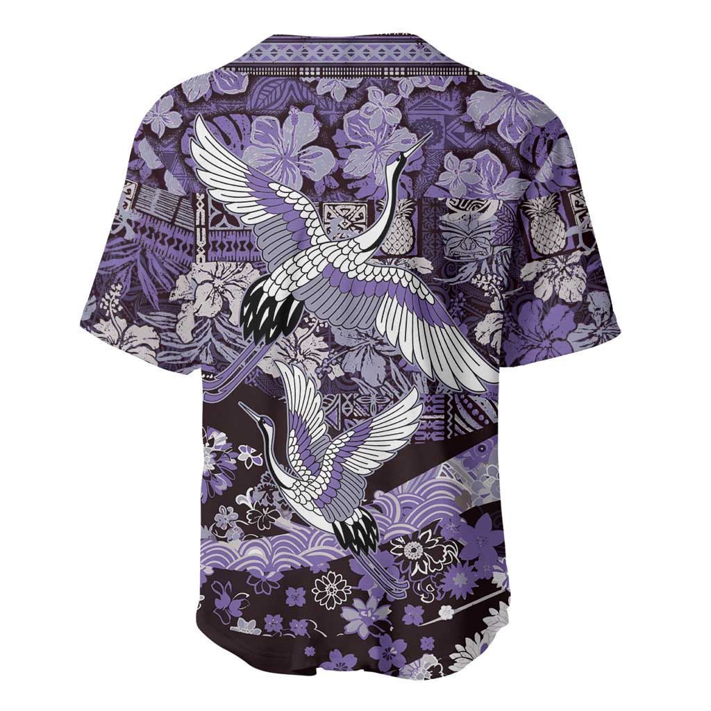 Japanese Hawaiian Crane Baseball Jersey Purple Tapa Patchwork Pattern