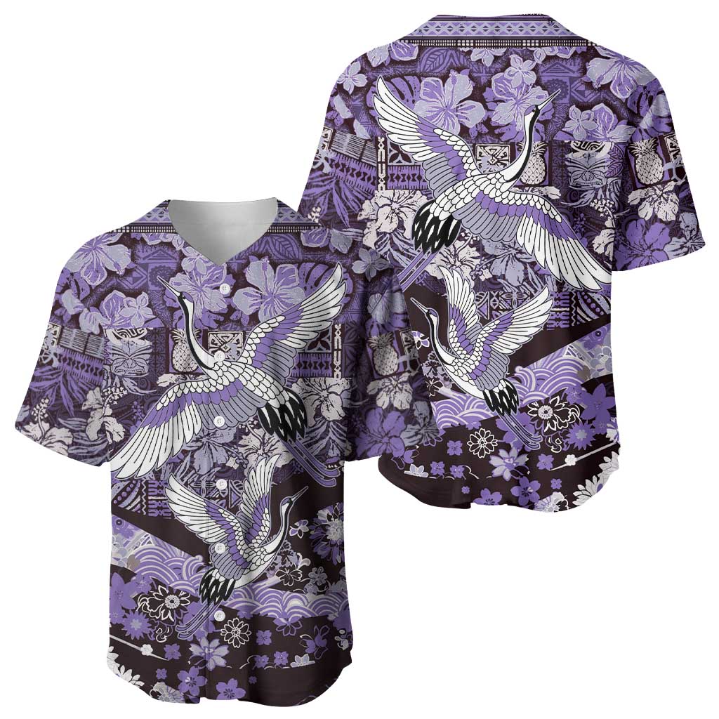 Japanese Hawaiian Crane Baseball Jersey Purple Tapa Patchwork Pattern