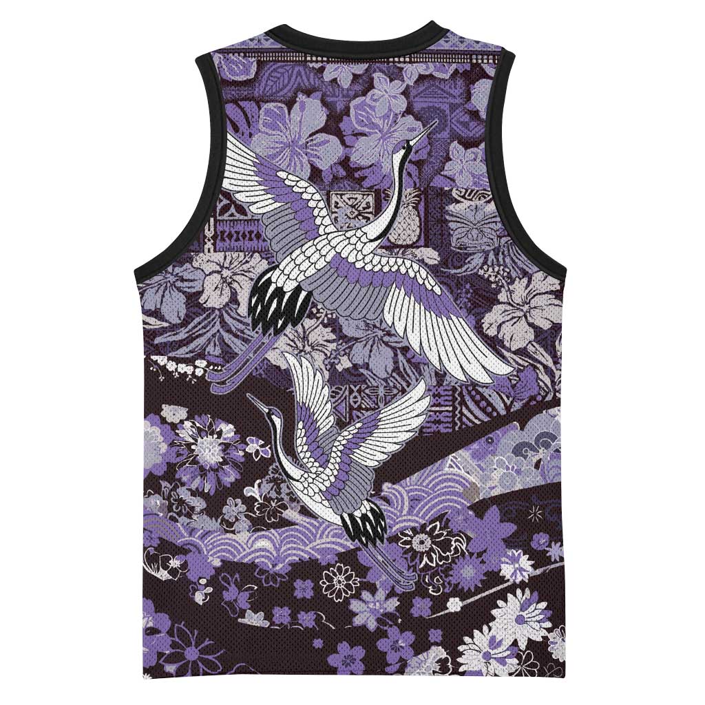 Japanese Hawaiian Crane Basketball Jersey Purple Tapa Patchwork Pattern