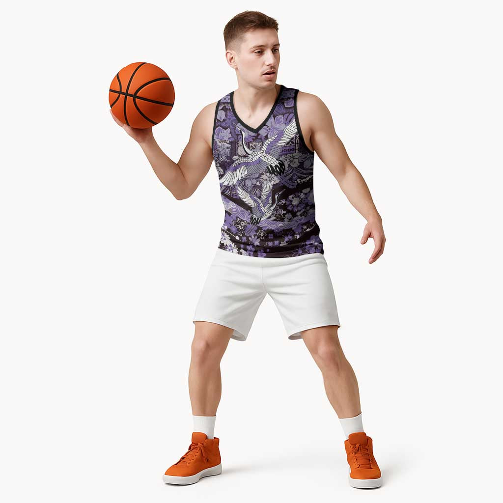 Japanese Hawaiian Crane Basketball Jersey Purple Tapa Patchwork Pattern