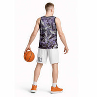 Japanese Hawaiian Crane Basketball Jersey Purple Tapa Patchwork Pattern