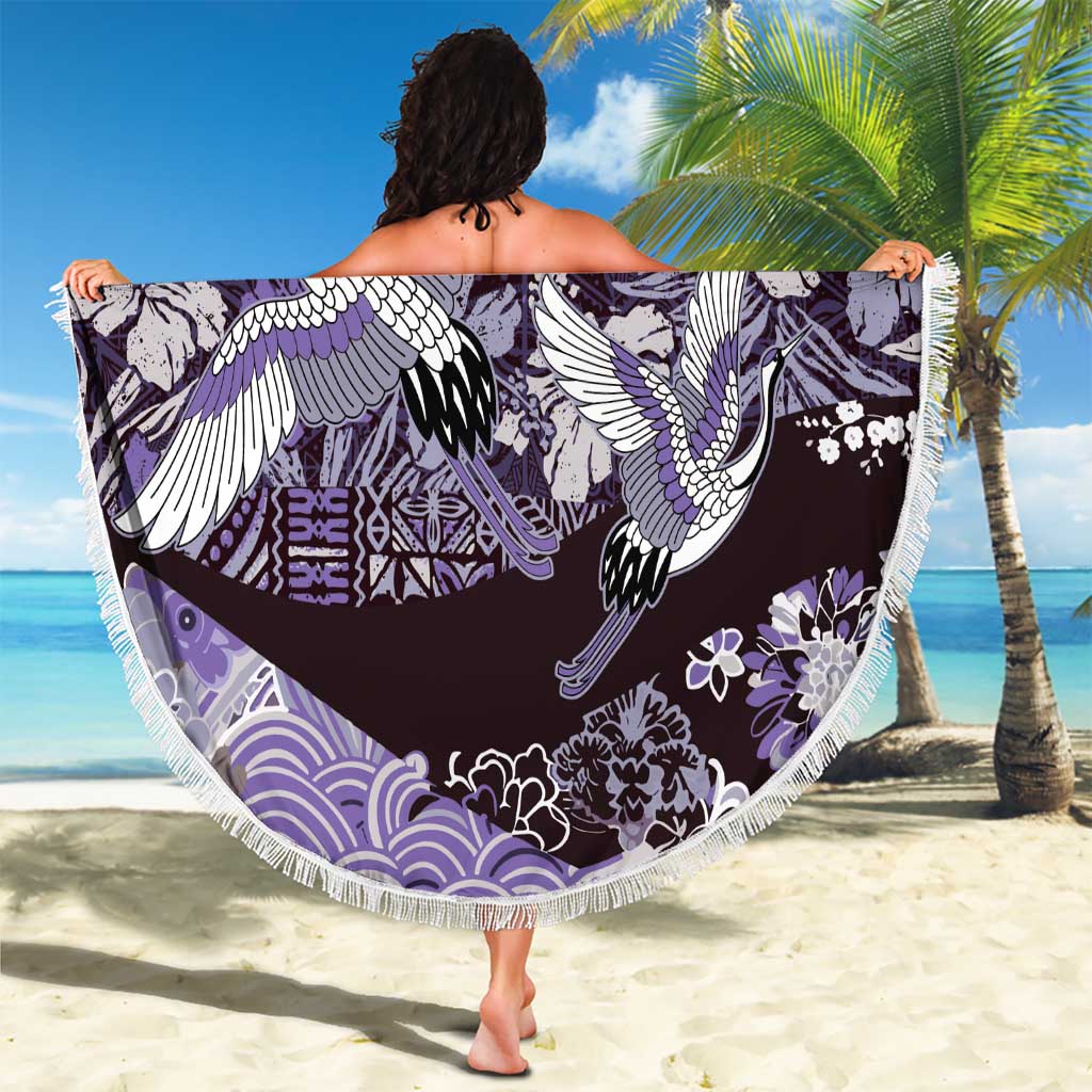Japanese Hawaiian Crane Beach Blanket Purple Tapa Patchwork Pattern
