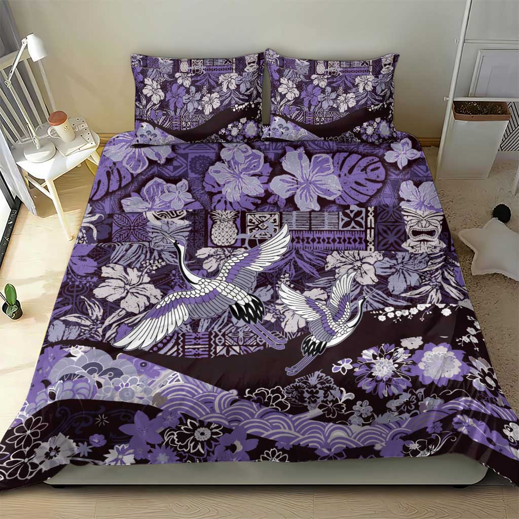 Japanese Hawaiian Crane Bedding Set Purple Tapa Patchwork Pattern