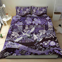 Japanese Hawaiian Crane Bedding Set Purple Tapa Patchwork Pattern