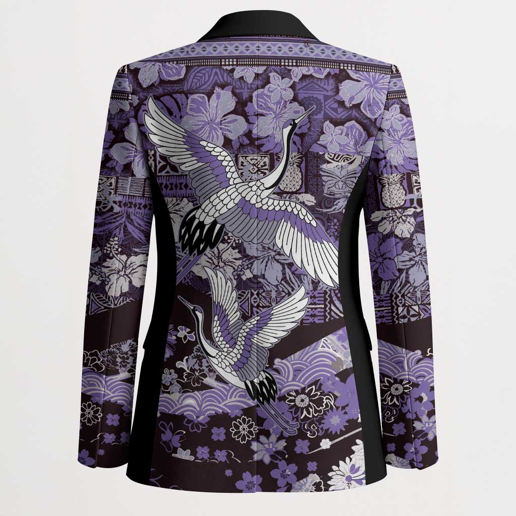 Japanese Hawaiian Crane Blazer Purple Tapa Patchwork Pattern