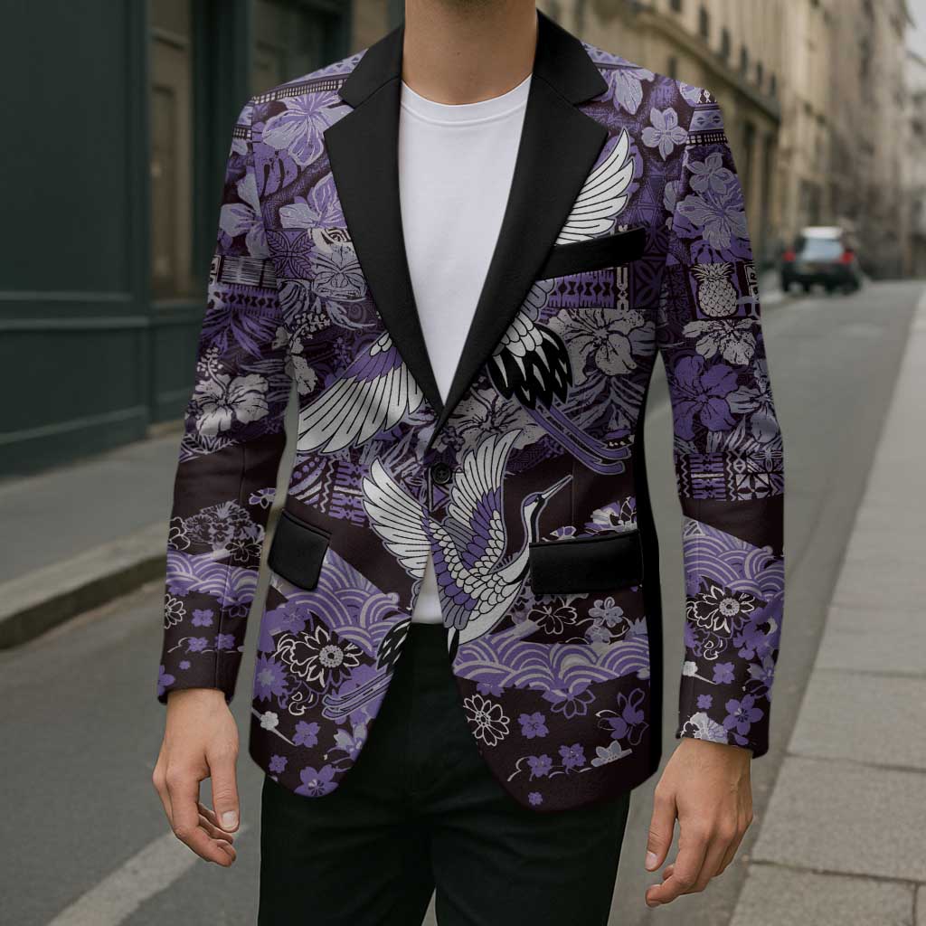 Japanese Hawaiian Crane Blazer Purple Tapa Patchwork Pattern
