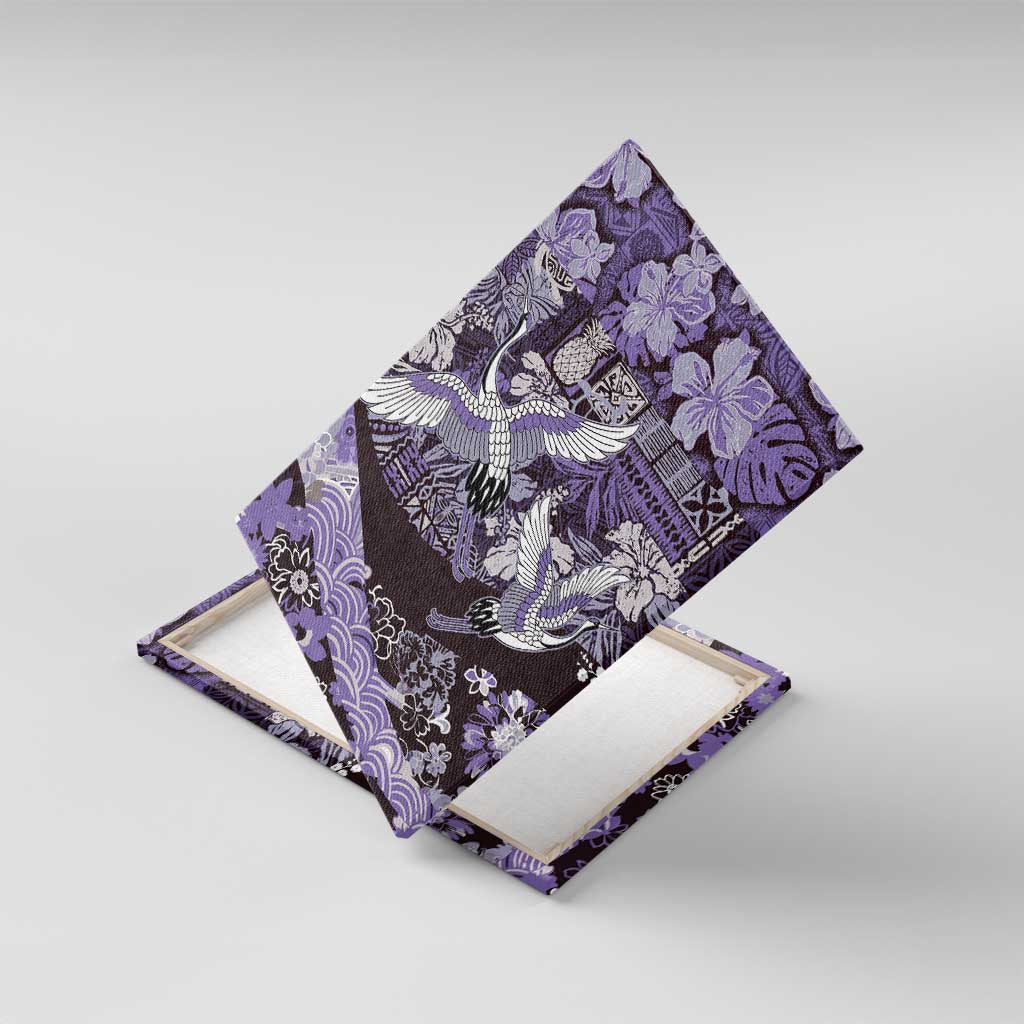 Japanese Hawaiian Crane Canvas Wall Art Purple Tapa Patchwork Pattern