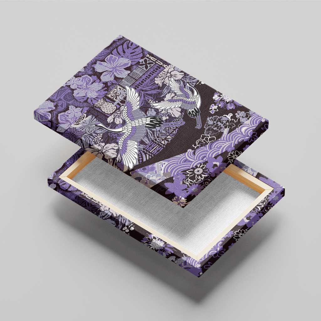 Japanese Hawaiian Crane Canvas Wall Art Purple Tapa Patchwork Pattern