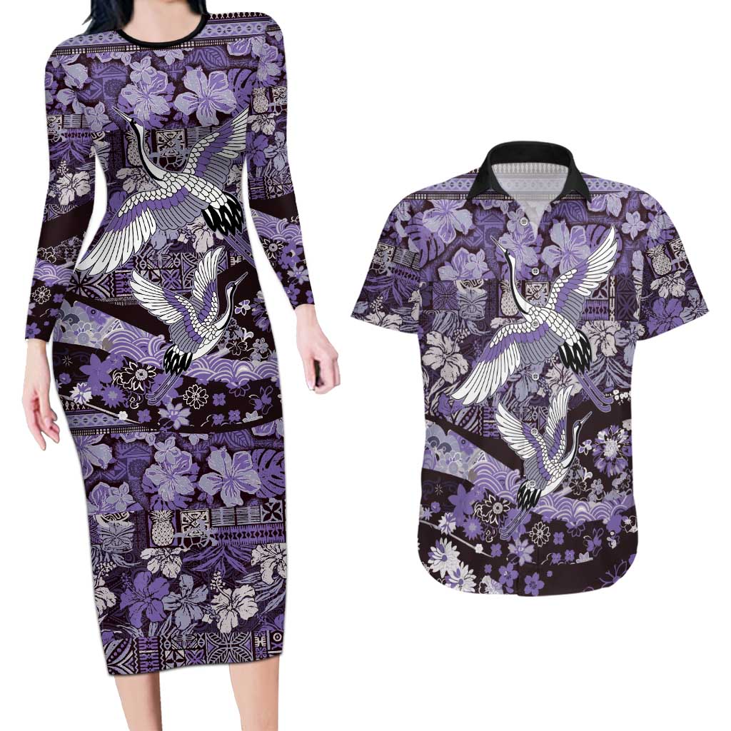 Japanese Hawaiian Crane Couples Matching Long Sleeve Bodycon Dress and Hawaiian Shirt Purple Tapa Patchwork Pattern