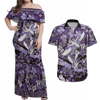 Japanese Hawaiian Crane Couples Matching Off Shoulder Maxi Dress and Hawaiian Shirt Purple Tapa Patchwork Pattern