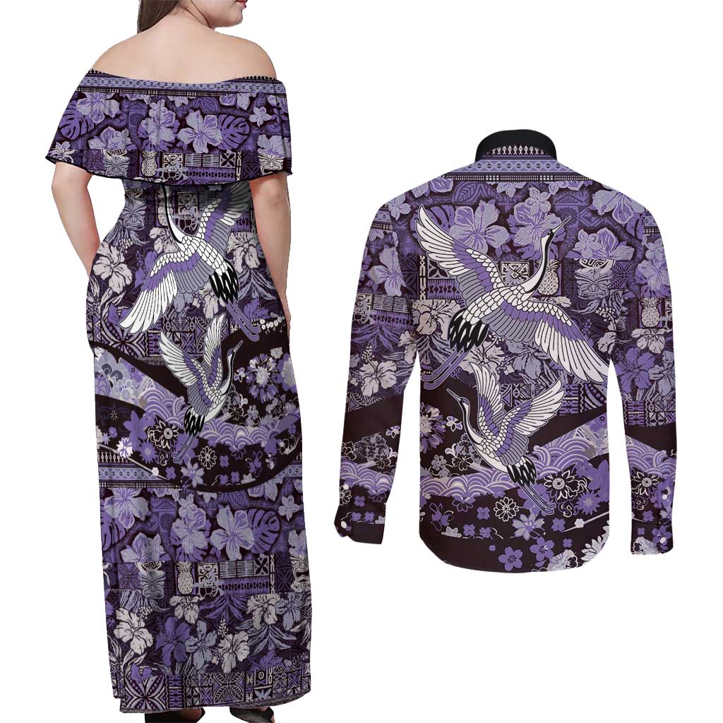 Japanese Hawaiian Crane Couples Matching Off Shoulder Maxi Dress and Long Sleeve Button Shirt Purple Tapa Patchwork Pattern