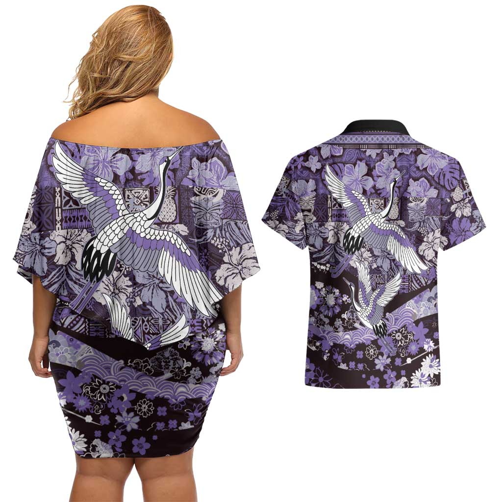 Japanese Hawaiian Crane Couples Matching Off Shoulder Short Dress and Hawaiian Shirt Purple Tapa Patchwork Pattern