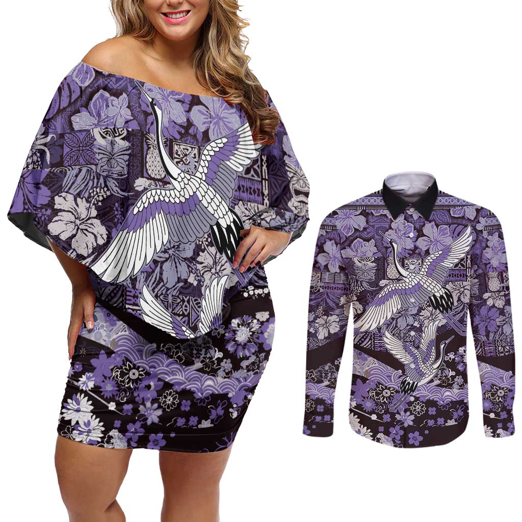 Japanese Hawaiian Crane Couples Matching Off Shoulder Short Dress and Long Sleeve Button Shirt Purple Tapa Patchwork Pattern