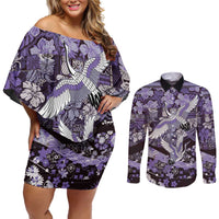 Japanese Hawaiian Crane Couples Matching Off Shoulder Short Dress and Long Sleeve Button Shirt Purple Tapa Patchwork Pattern