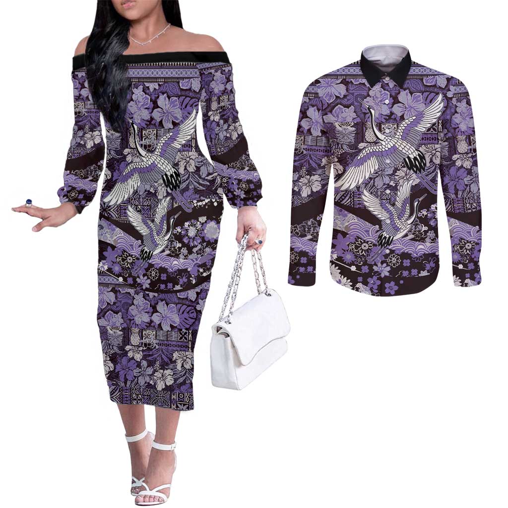 Japanese Hawaiian Crane Couples Matching Off The Shoulder Long Sleeve Dress and Long Sleeve Button Shirt Purple Tapa Patchwork Pattern
