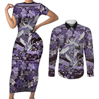 Japanese Hawaiian Crane Couples Matching Short Sleeve Bodycon Dress and Long Sleeve Button Shirt Purple Tapa Patchwork Pattern