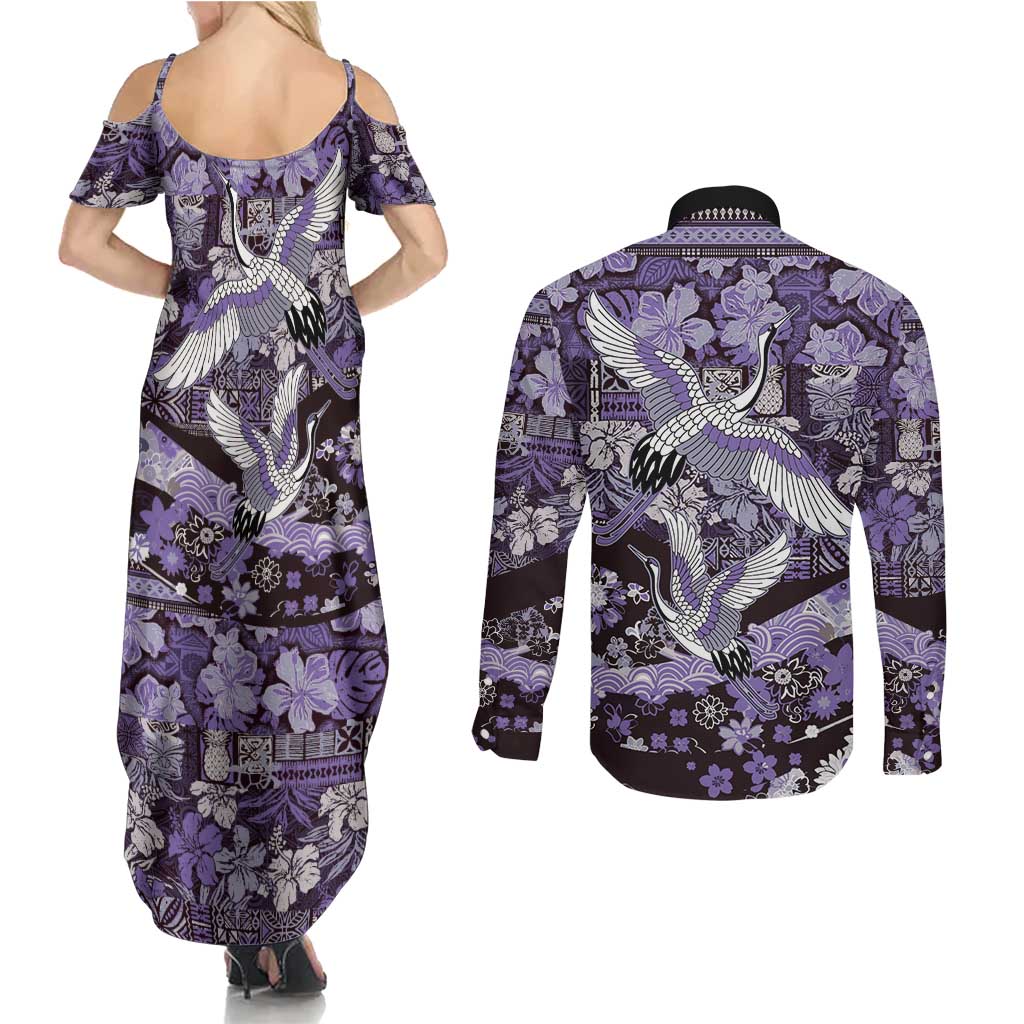 Japanese Hawaiian Crane Couples Matching Summer Maxi Dress and Long Sleeve Button Shirt Purple Tapa Patchwork Pattern