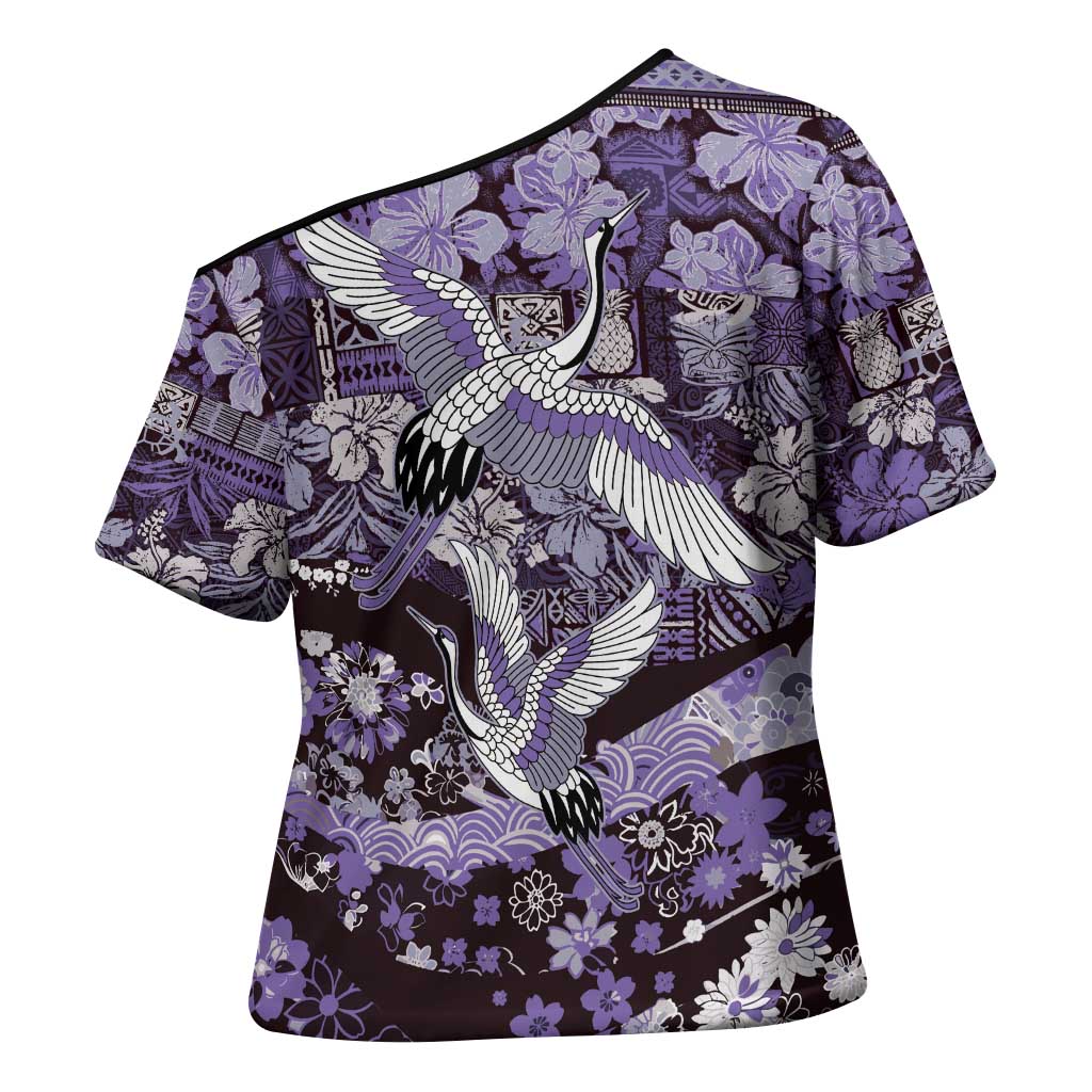Japanese Hawaiian Crane Cross Shoulder Shirt Purple Tapa Patchwork Pattern