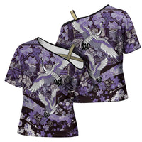 Japanese Hawaiian Crane Cross Shoulder Shirt Purple Tapa Patchwork Pattern