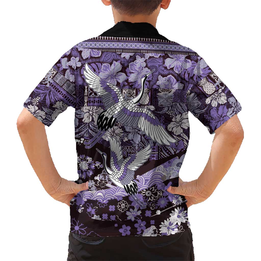 Japanese Hawaiian Crane Family Matching Mermaid Dress and Hawaiian Shirt Purple Tapa Patchwork Pattern