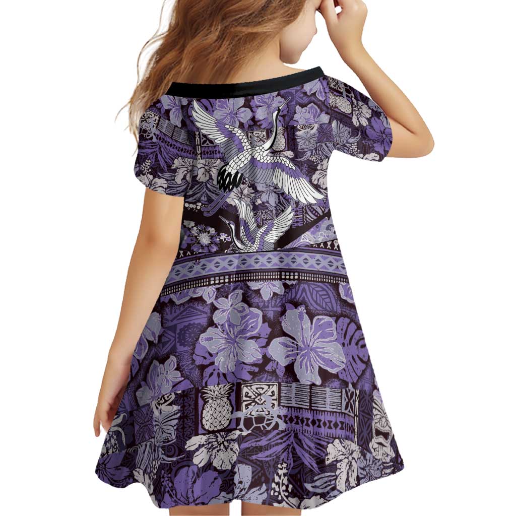 Japanese Hawaiian Crane Family Matching Mermaid Dress and Hawaiian Shirt Purple Tapa Patchwork Pattern