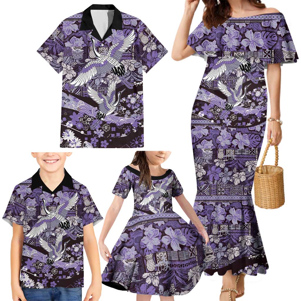Japanese Hawaiian Crane Family Matching Mermaid Dress and Hawaiian Shirt Purple Tapa Patchwork Pattern