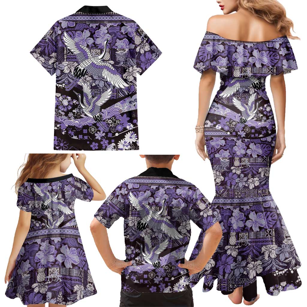 Japanese Hawaiian Crane Family Matching Mermaid Dress and Hawaiian Shirt Purple Tapa Patchwork Pattern