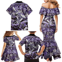 Japanese Hawaiian Crane Family Matching Mermaid Dress and Hawaiian Shirt Purple Tapa Patchwork Pattern