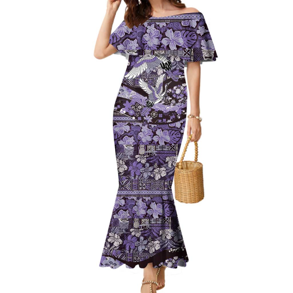 Japanese Hawaiian Crane Family Matching Mermaid Dress and Hawaiian Shirt Purple Tapa Patchwork Pattern