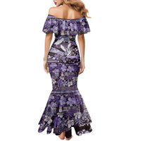 Japanese Hawaiian Crane Family Matching Mermaid Dress and Hawaiian Shirt Purple Tapa Patchwork Pattern