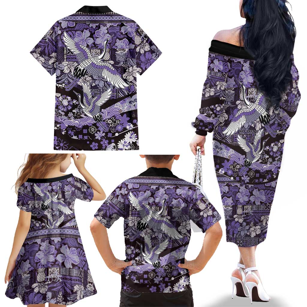 Japanese Hawaiian Crane Family Matching Off The Shoulder Long Sleeve Dress and Hawaiian Shirt Purple Tapa Patchwork Pattern