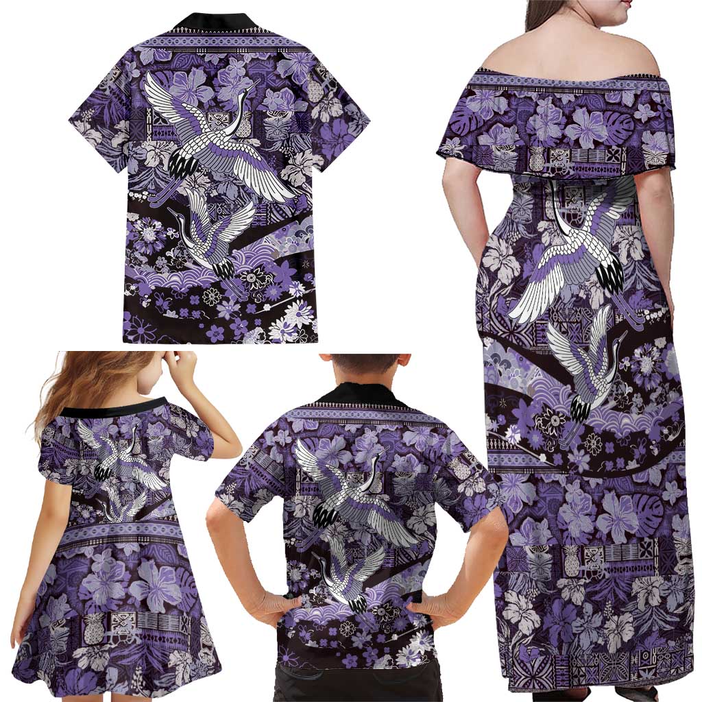 Japanese Hawaiian Crane Family Matching Off Shoulder Maxi Dress and Hawaiian Shirt Purple Tapa Patchwork Pattern