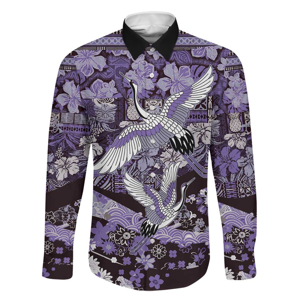 Japanese Hawaiian Crane Family Matching Off Shoulder Maxi Dress and Hawaiian Shirt Purple Tapa Patchwork Pattern