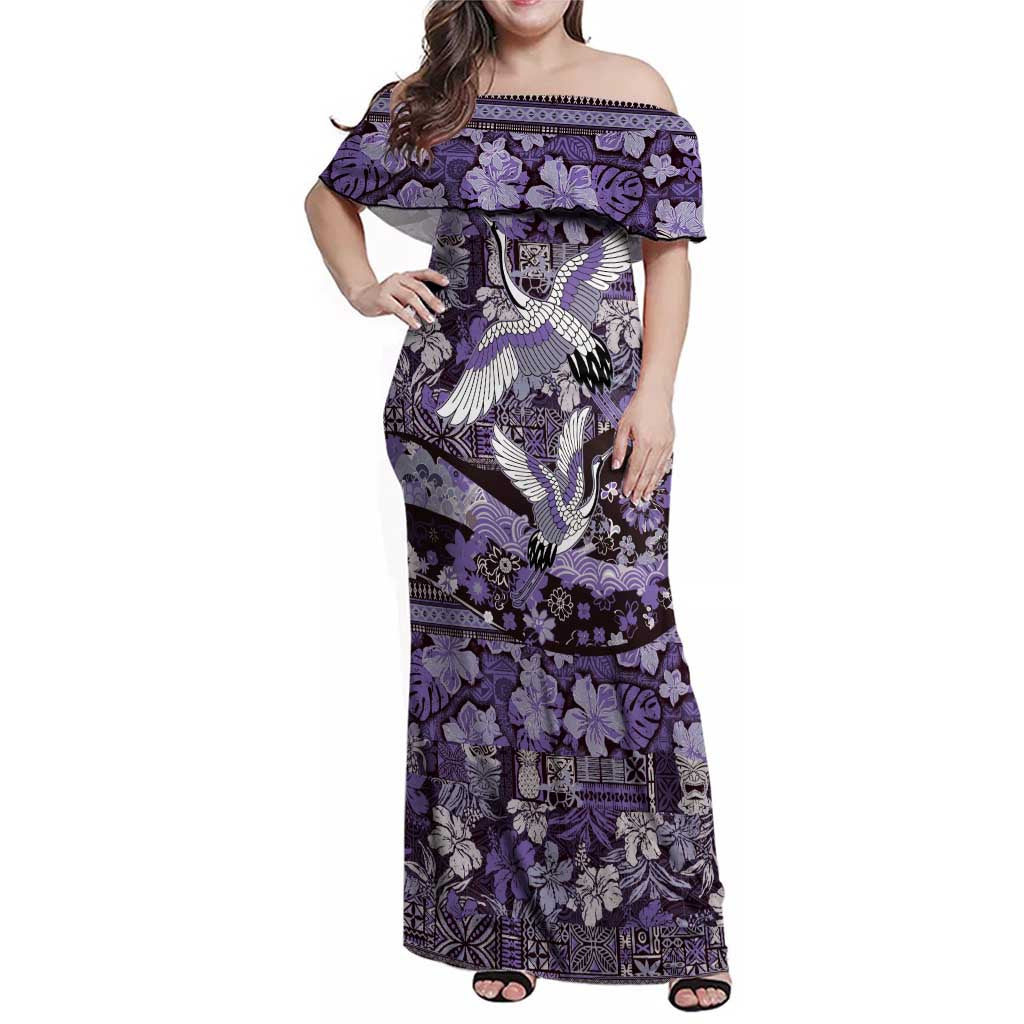 Japanese Hawaiian Crane Family Matching Off Shoulder Maxi Dress and Hawaiian Shirt Purple Tapa Patchwork Pattern