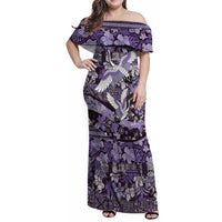 Japanese Hawaiian Crane Family Matching Off Shoulder Maxi Dress and Hawaiian Shirt Purple Tapa Patchwork Pattern
