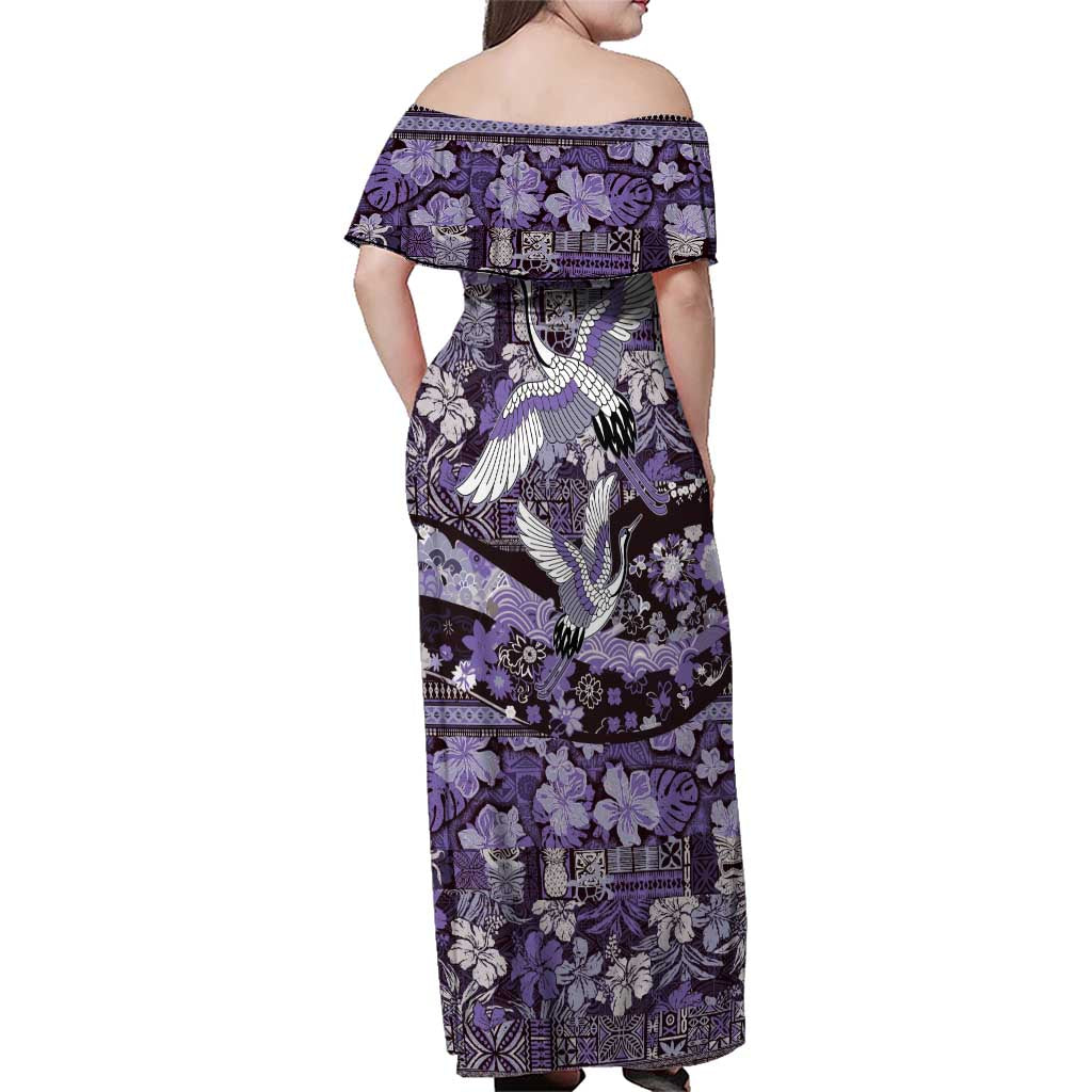 Japanese Hawaiian Crane Family Matching Off Shoulder Maxi Dress and Hawaiian Shirt Purple Tapa Patchwork Pattern