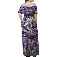 Japanese Hawaiian Crane Family Matching Off Shoulder Maxi Dress and Hawaiian Shirt Purple Tapa Patchwork Pattern