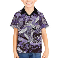 Japanese Hawaiian Crane Family Matching Off Shoulder Maxi Dress and Hawaiian Shirt Purple Tapa Patchwork Pattern