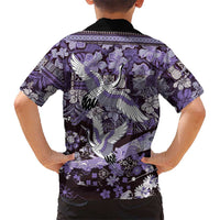 Japanese Hawaiian Crane Family Matching Off Shoulder Short Dress and Hawaiian Shirt Purple Tapa Patchwork Pattern