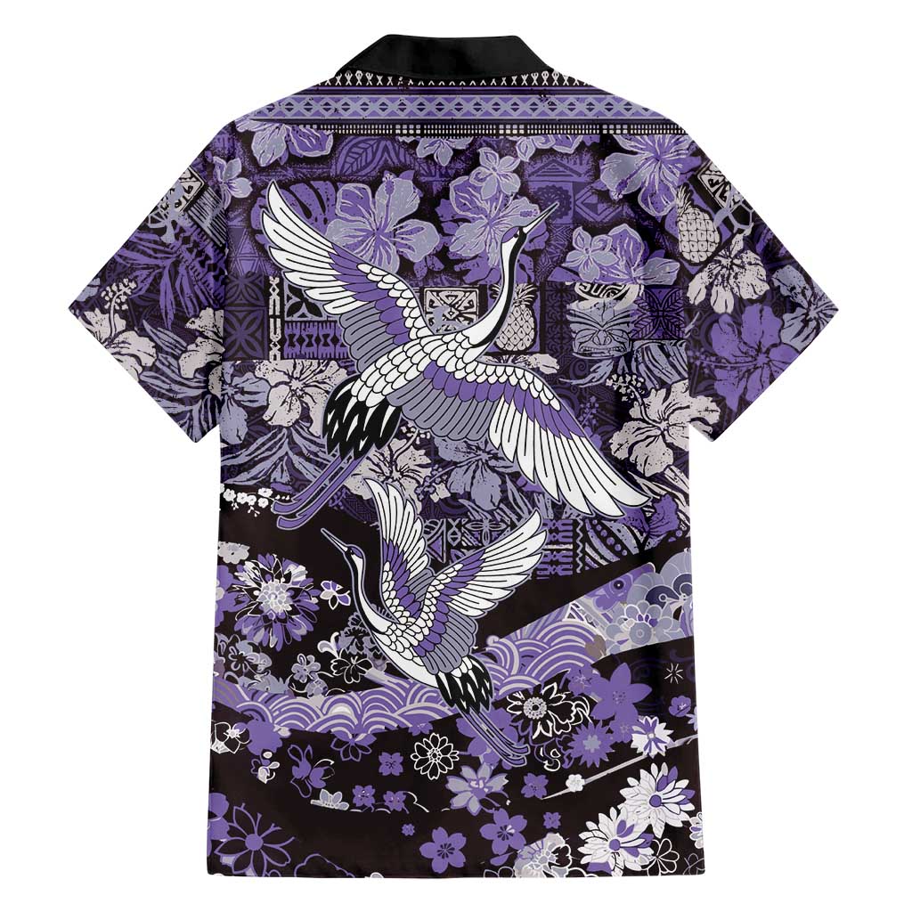 Japanese Hawaiian Crane Family Matching Off Shoulder Short Dress and Hawaiian Shirt Purple Tapa Patchwork Pattern