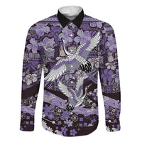 Japanese Hawaiian Crane Family Matching Off Shoulder Short Dress and Hawaiian Shirt Purple Tapa Patchwork Pattern