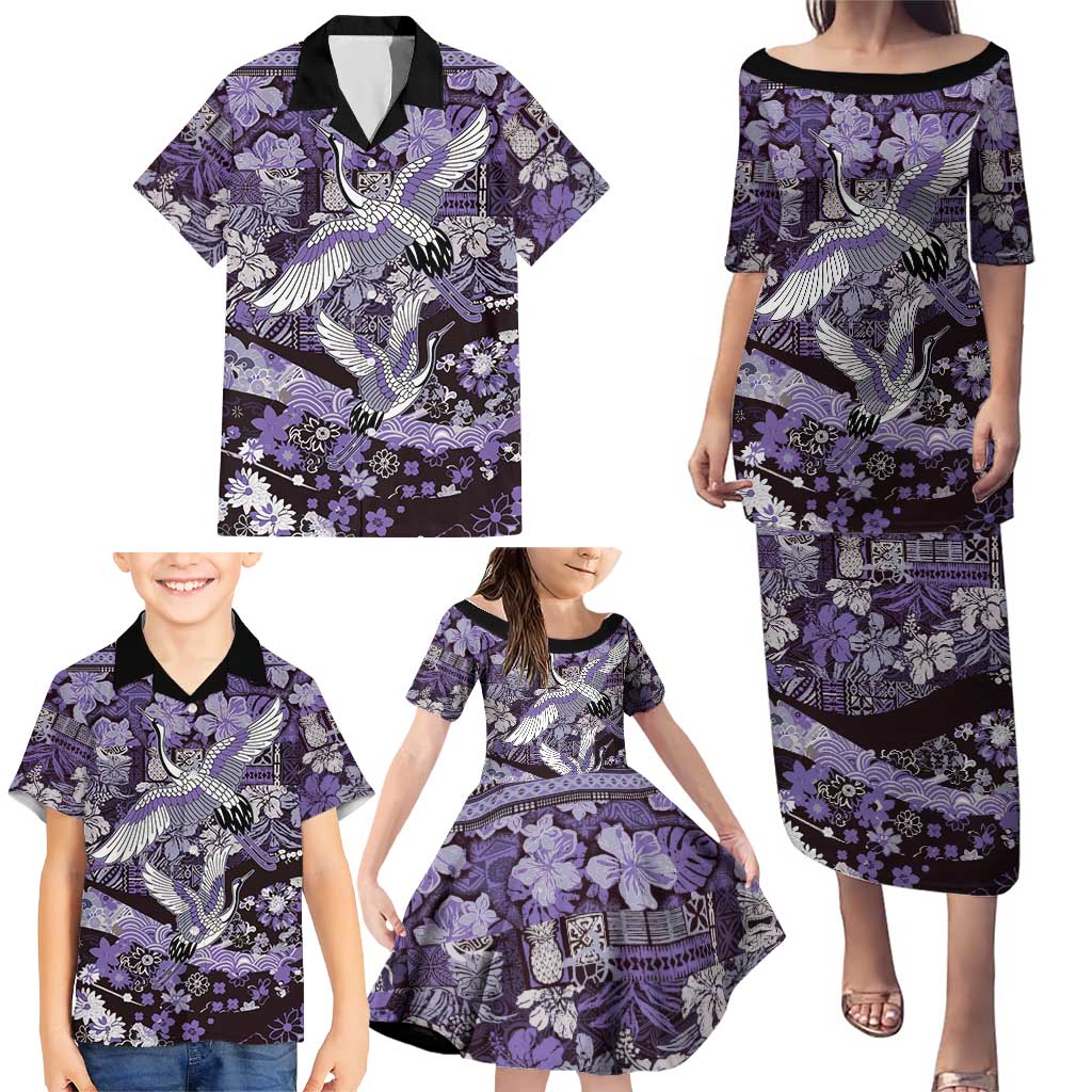 Japanese Hawaiian Crane Family Matching Puletasi and Hawaiian Shirt Purple Tapa Patchwork Pattern
