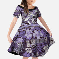 Japanese Hawaiian Crane Family Matching Short Sleeve Bodycon Dress and Hawaiian Shirt Purple Tapa Patchwork Pattern