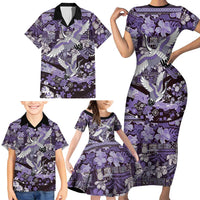 Japanese Hawaiian Crane Family Matching Short Sleeve Bodycon Dress and Hawaiian Shirt Purple Tapa Patchwork Pattern