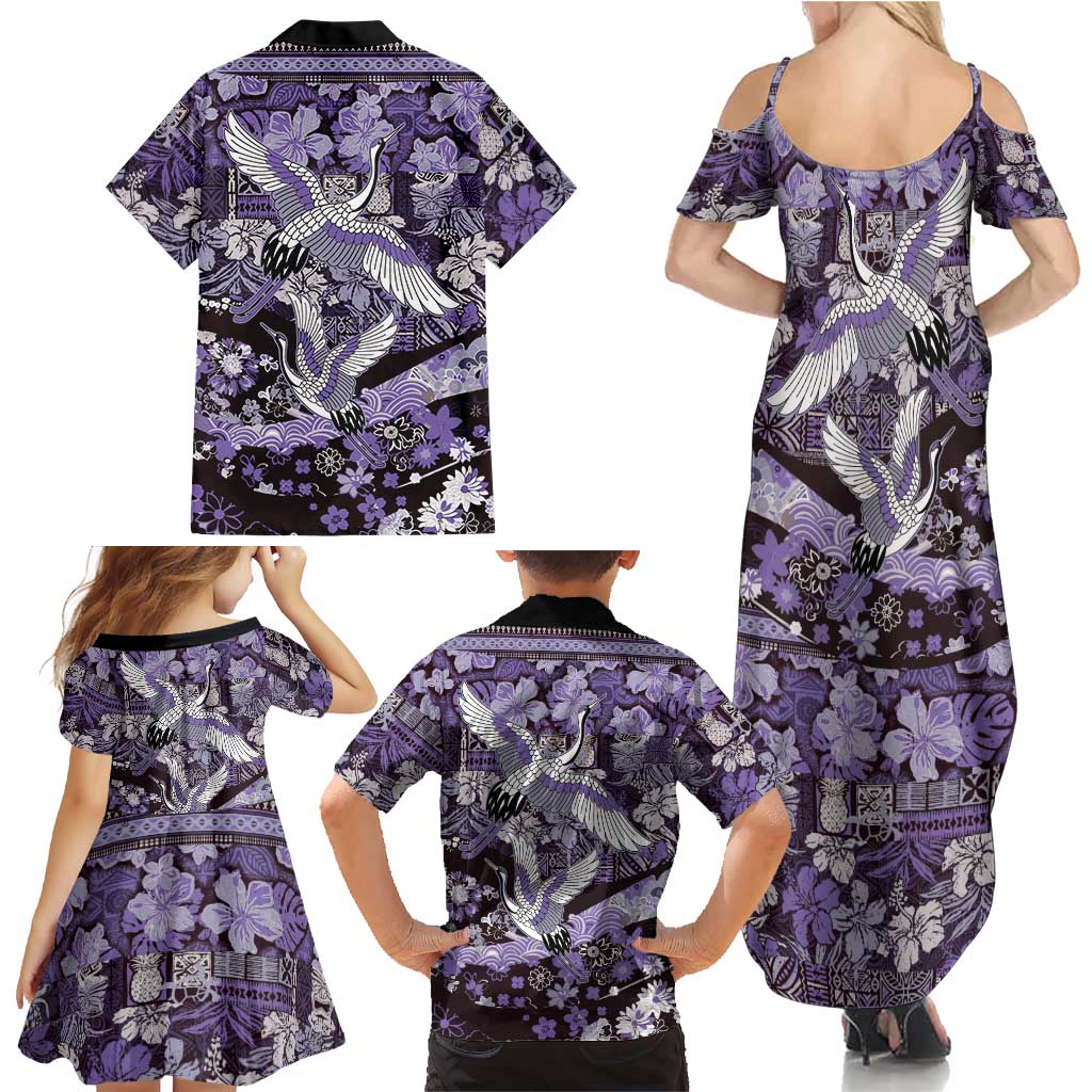Japanese Hawaiian Crane Family Matching Summer Maxi Dress and Hawaiian Shirt Purple Tapa Patchwork Pattern