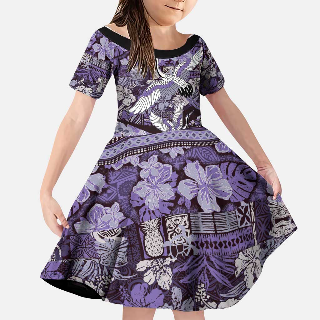 Japanese Hawaiian Crane Family Matching Tank Maxi Dress and Hawaiian Shirt Purple Tapa Patchwork Pattern